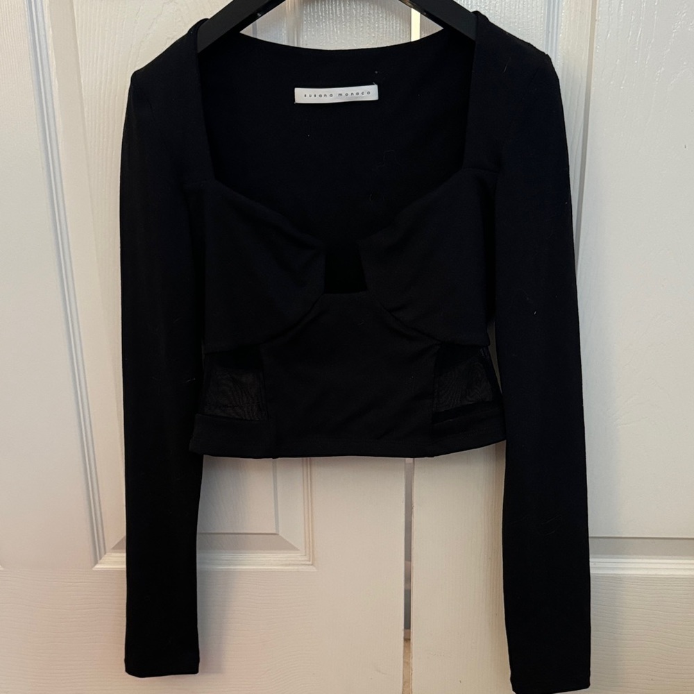 Susana Monaco Black Long Sleeve Square Neck Bodysuit with Mesh - Picture 5 of 7